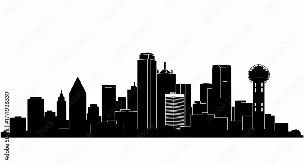 Fototapeta premium Black silhouette of a city skyline with various buildings and a distinctive tower on a white background created with generative ai