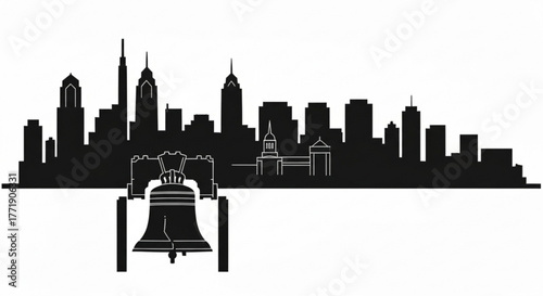 Black silhouette of the philadelphia skyline with the liberty bell in the foreground in the center of image created with generative ai