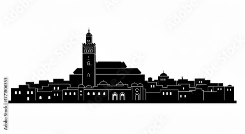 Black silhouette of a city skyline with a tall tower and various buildings against a white background view created with generative ai