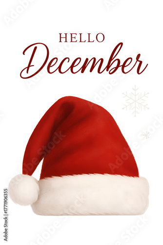 Hello December Santa Hat Wallpaper, Vertical Christmas Month Greeting, Festive Red Santa Hat Graphic, December Mobile Phone Background, White and Red Holiday Screen Art