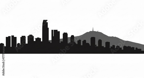 Silhouette of a city skyline with tall buildings and a mountain in the background on a white background created with generative ai