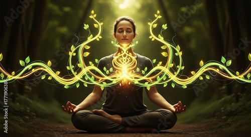 Find inner peace with mindful meditation in nature, experience the flow of positive energy and vibrant growth in a tranquil forest setting, wellness concept