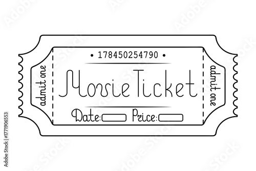 Movie. Ticket admit one. Date and price are indicated. Handwritten lettering with a capital letter