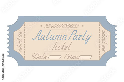 Autumn party. Blue Ticket admit one. Date and price are indicated. Handwritten cursive lettering.