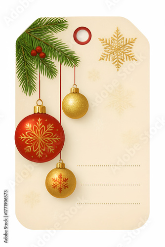 Printable Christmas Gift Tag Design, Elegant Holiday Ornament Label, Golden Snowflake and Bauble Tag, Pine Boughs and Berries Tag Template, Luxury Christmas Present Label