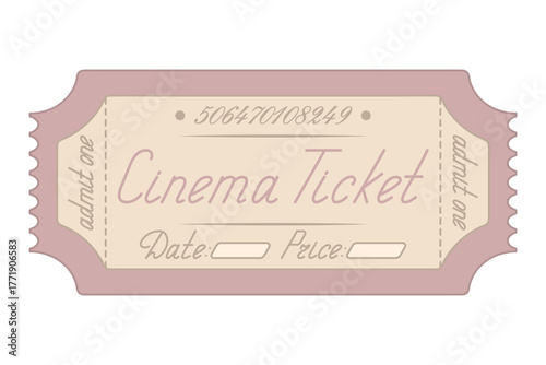 Cinema Pink ticket admit one Date and price are indicated Handwritten cursive lettering Illustration