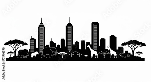 Black and white skyline with trees, elephants, giraffes, and other animals in silhouette against buildings created with generative ai