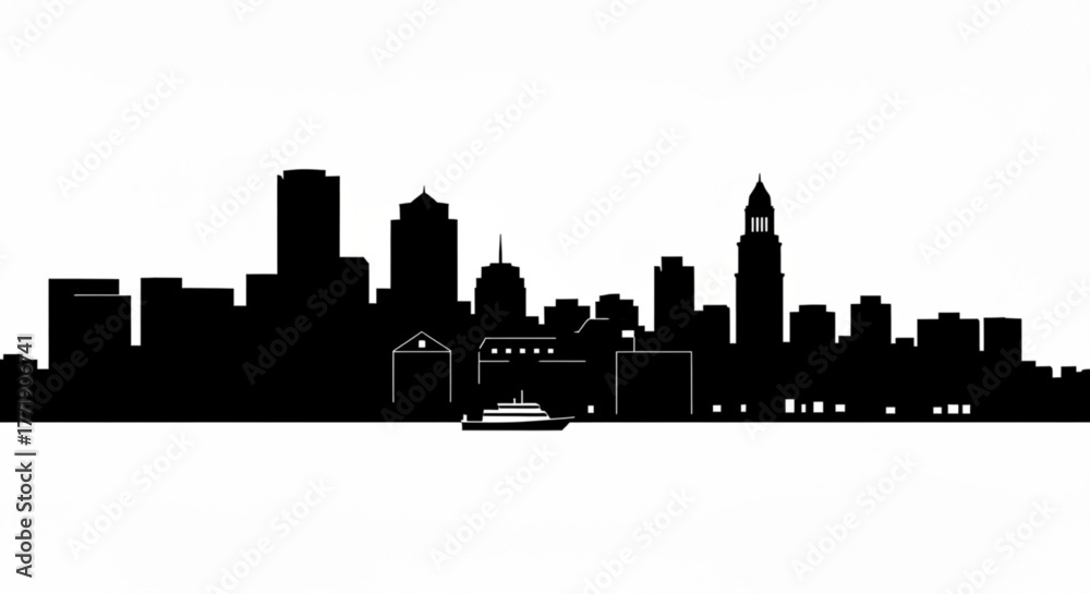 Obraz premium Silhouette of a city skyline with buildings and a boat on the water in black and white vector design created with generative ai