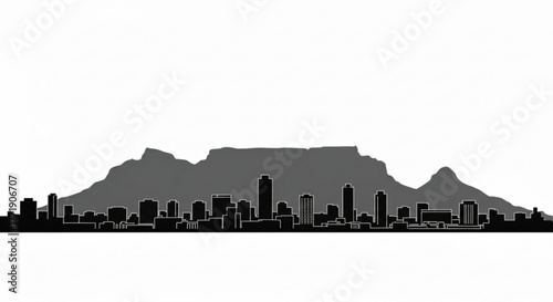 Silhouette of a city skyline with various buildings and a mountain range in the background in grayscale created with generative ai
