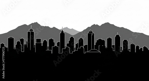 Silhouette of a city skyline with tall buildings and mountains in the background in black and white style created with generative ai