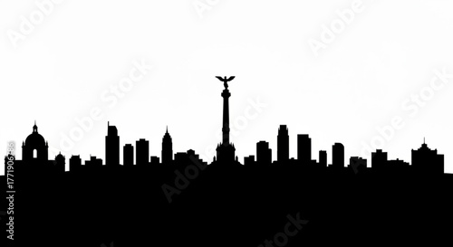 Silhouette of a cityscape with various buildings and a prominent central monument against a white background created with generative ai