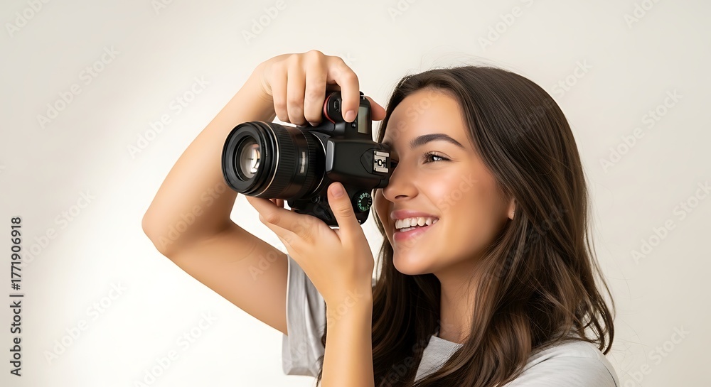Naklejka premium Smiling young woman taking photo with camera isolated on white background
