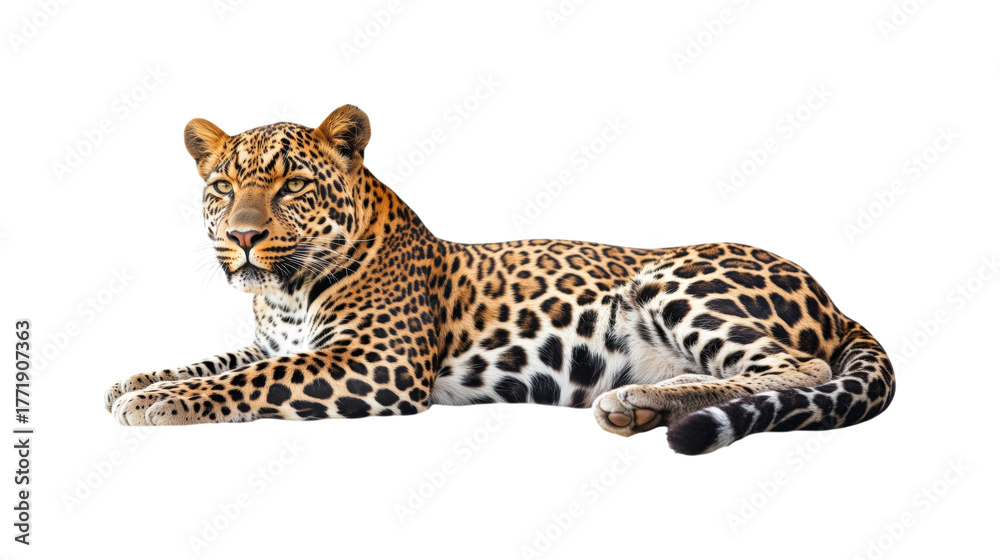 Obraz premium Leopard resting on striped background isolated on a transparent background