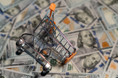 Shopping Cart on a Pile of Cash Representing Consumer Spending and Financial Transactions