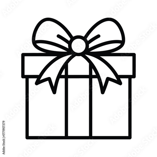 Simple black and white line art icon of a gift box with a bow