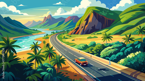 Very beautiful aerial view of a car driving along Kaumualii Highway in West Kaua‘i, Hawaii, USA, surrounded by lush tropical greenery, rolling hills, and scenic island landscapes under bright sunlight