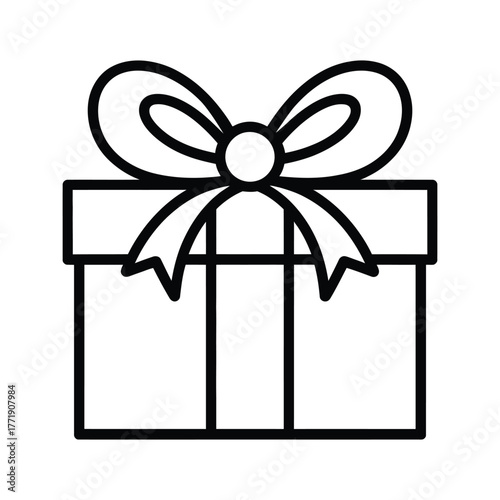 Simple black and white outline icon of a gift box with a bow