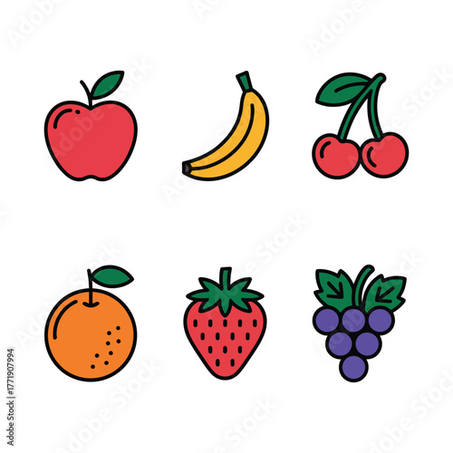 Collection of colorful cartoon fruits including apple banana cherries orange strawberry and grapes
