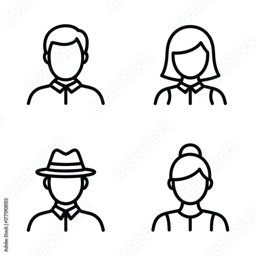 Set of four simple line art icons representing diverse people and avatars