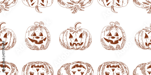 Halloween pumpkins sketches, seamless pattern, outlines, vector background, paper, wallpaper, wrapper, fabric