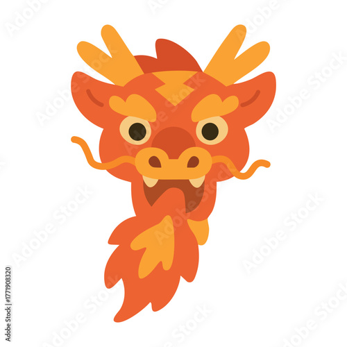 Red and gold dragon head with horns and whiskers, traditional Chinese style, flat cartoon design.
