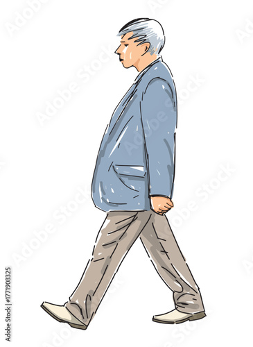 One elderly man in suit striding outdoors, profile view, realistic sketch, outline hand drawing, vector illustration