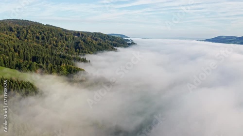 Peaceful Fog Over Lake Irrsee, Austria – 4K Aerial Drone Footage of Misty Hills and Mountains in Daylight