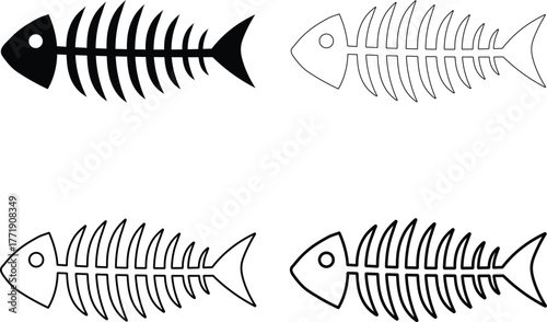 Stylized fishbone silhouette vector illustrations of ocean creatures and marine skeletons in minimal black design