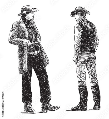 Two cowboys men in hats standing and conversation, realistic sketch, vector hand drawing