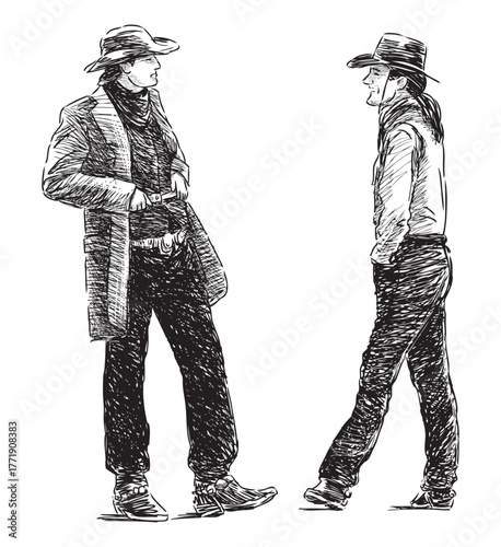 Two cowboys men in hats standing talking smiling, realistic sketch, vector hand drawing