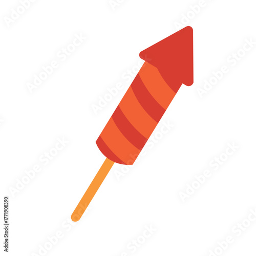Red and orange striped firework rocket for festive celebration, simple flat cartoon vector illustration.