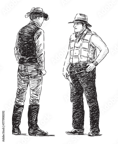Two cowboys men in hats standing talking, realistic sketch, vector hand drawing