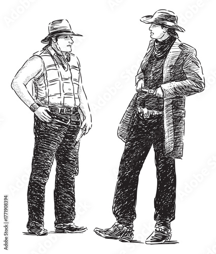 Two cowboys men in hats standing, conversation, realistic sketch, vector hand drawing