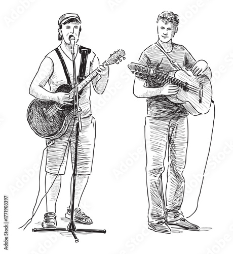 Two street musicians playing guitars outdoors, realistic sketch, vector hand drawing