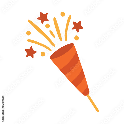 Festive orange party popper with stars and confetti explosion, cheerful celebration illustration in flat style.