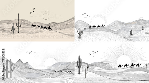 Minimal desert illustration featuring caravan silhouettes, cacti, and sun over sand dunes. Perfect for travel, adventure, and desert landscape artwork.