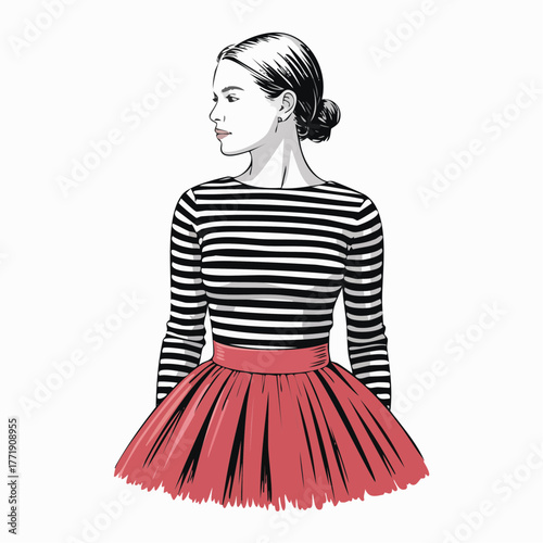 bred stripe muse in pleated vermilion skirt with bun-profile poise