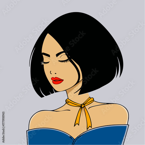 azure strapless with citron neck ribbon, lash-closed pop-portrait in quiet gray