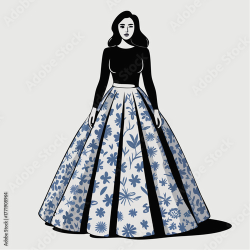 azure bloom skirt voluminous midi with onyx fitted top floral cascade and editorial sway