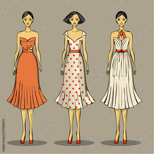 triptych retro femme in polka romance coral ribbon halo with pleated mid-century stride