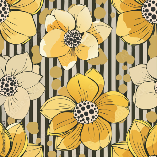 sunburst marigold stripe fantasia: retro petal medallions and dotted stripe cadence for textile bloom