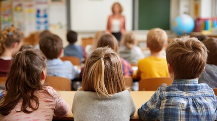 education elementary school learning and people concept  group of school kids sitting and listening to teacher in classroom from back no logos no brands ar 169