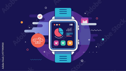 Smartwatch with health and fitness tracking interface in colorful modern illustration style