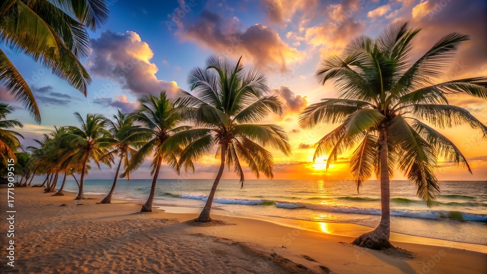 Obraz premium Vibrant tropical beach sunset with silhouetted palm trees and golden ocean reflections