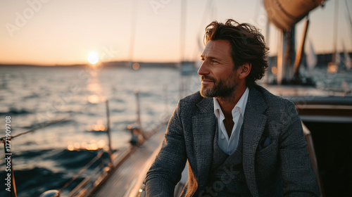 Gentleman In Suit On Yacht At Sunset, Relaxed Businessman Enjoying Luxury Sea Cruise