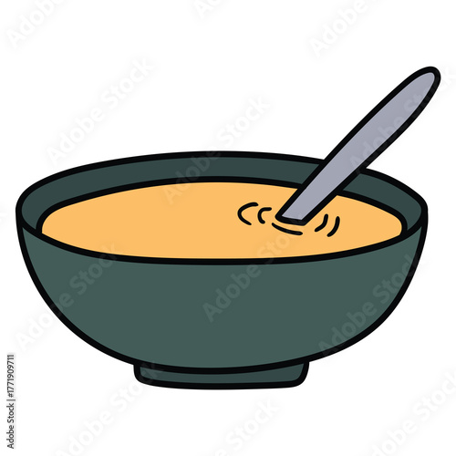 Hand-drawn cartoon green bowl of soup with spoon on a white background.