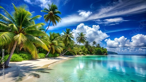Lush tropical paradise beach with crystal clear turquoise water and vibrant green palm trees under a bright blue sky