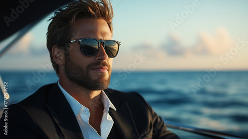 Businessman In Suit Wearing Sunglasses On A Yacht At Sunset