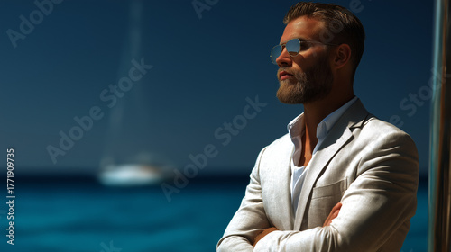 Businessman With Sunglasses Standing At Sea Front On Luxury Yacht Deck