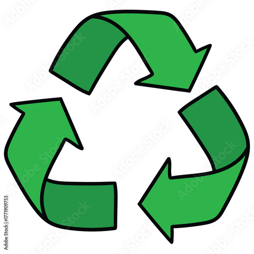Hand-drawn cartoon green recycle symbol on a white background.